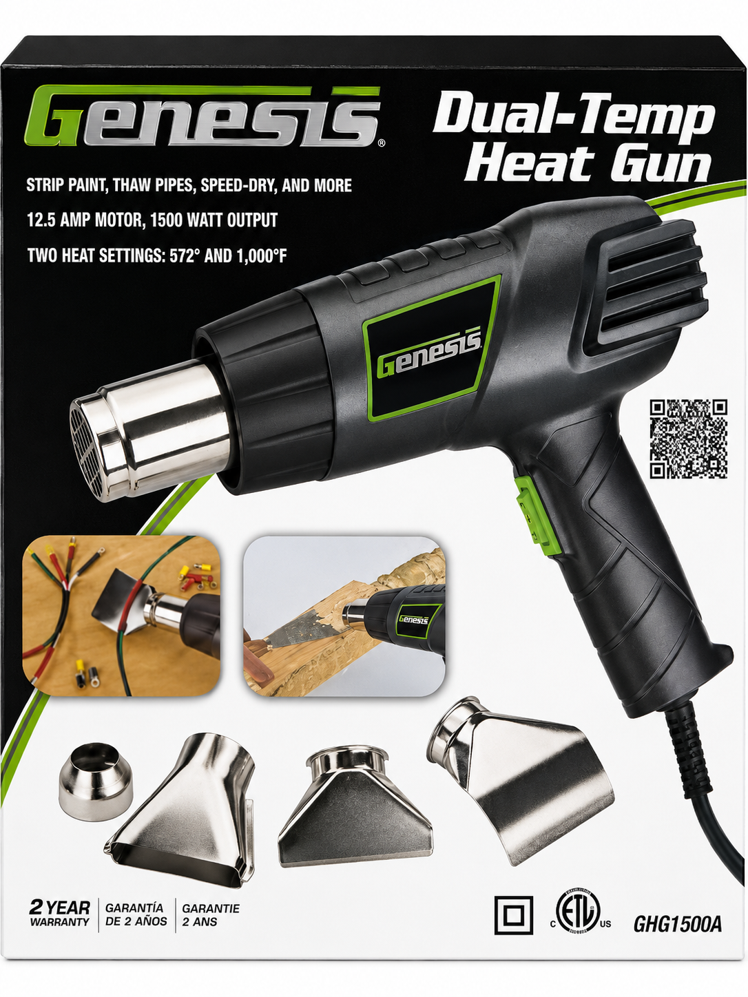Genesis Dual-Temp Heat Gun in black and green, shown on its retail box with nozzle attachments and usage inset photos.